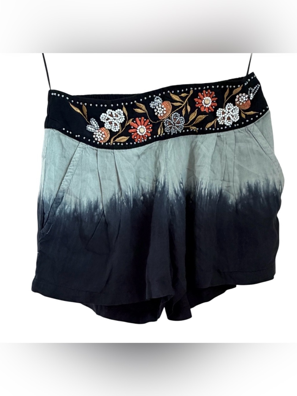 Skemo Black and Mint Ombre Embroidered Waistband Shorts with Bead Accents